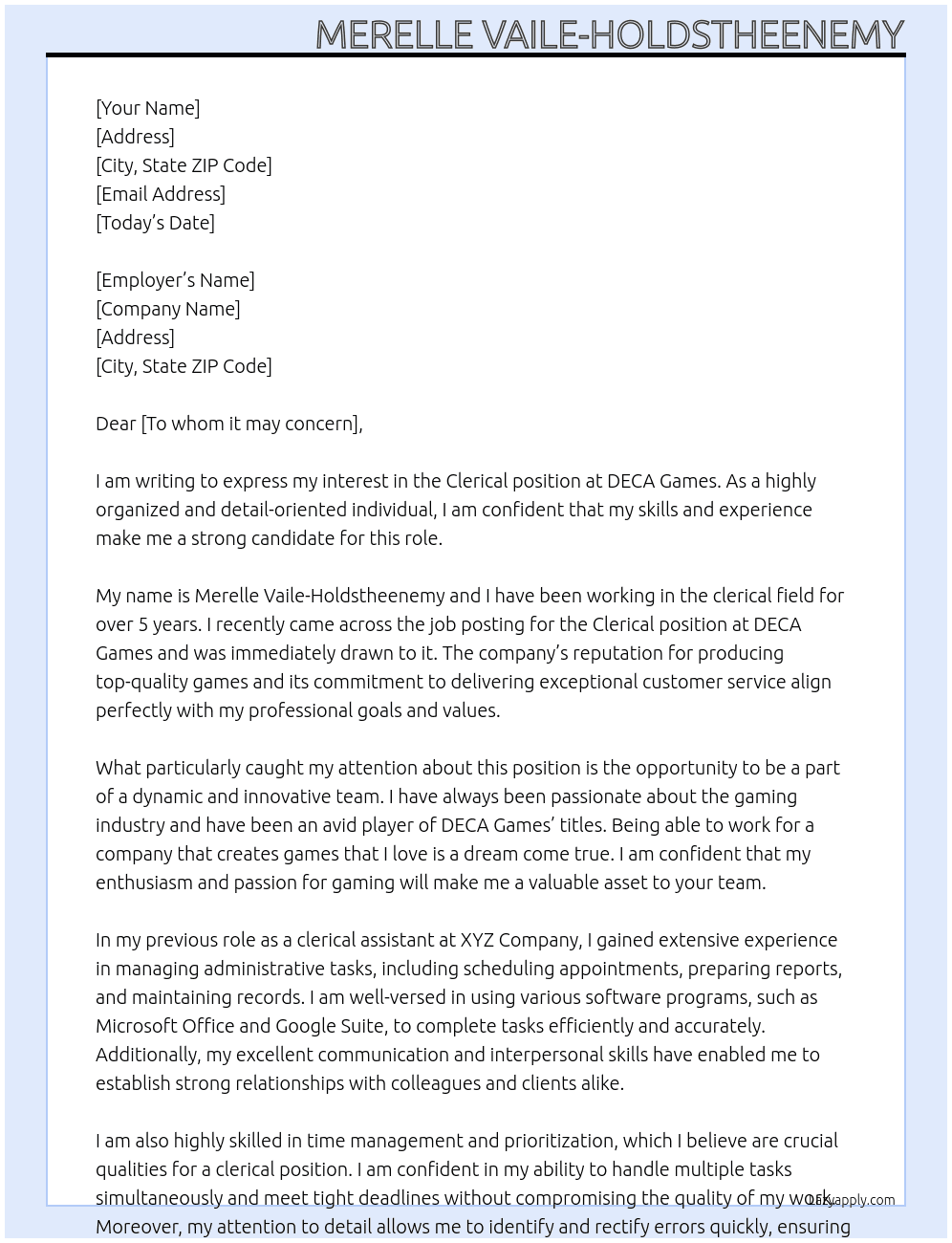 Clerical At DECA Games Cover Letter