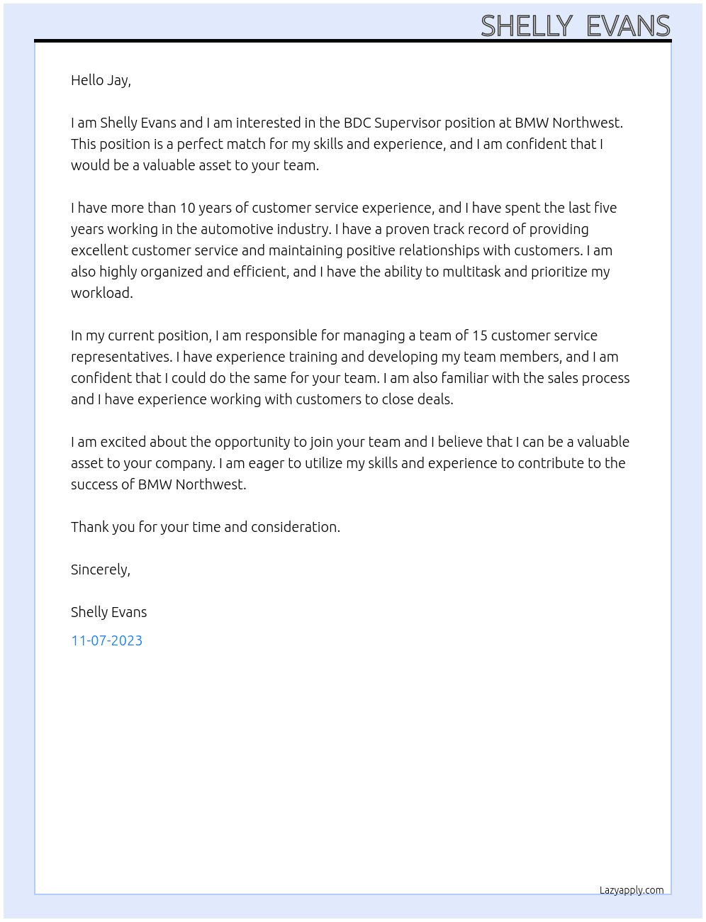 BDC Supervisor At BMW Northwest Cover Letter