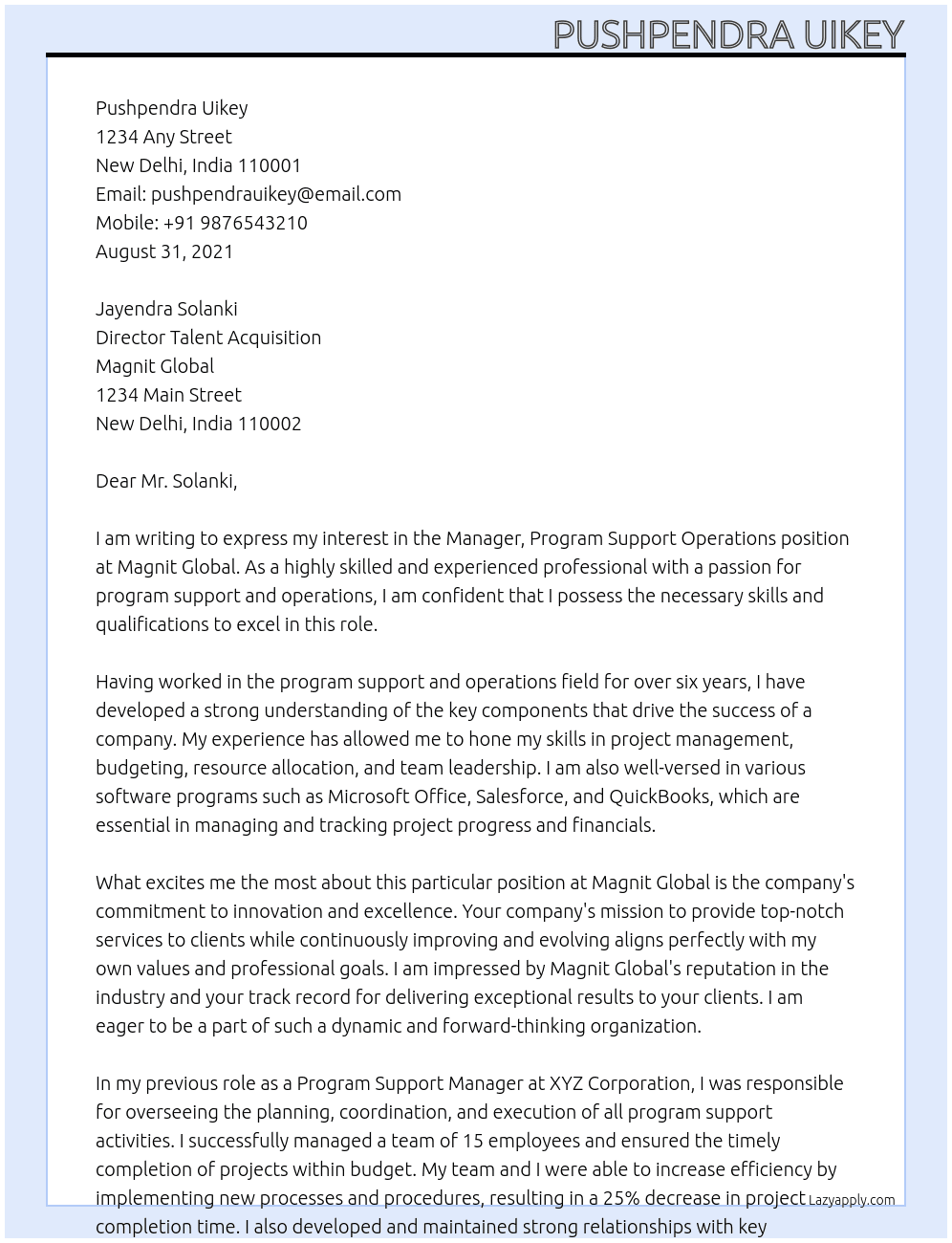 Manager, Program Support Operations At Magnit Global Cover Letter