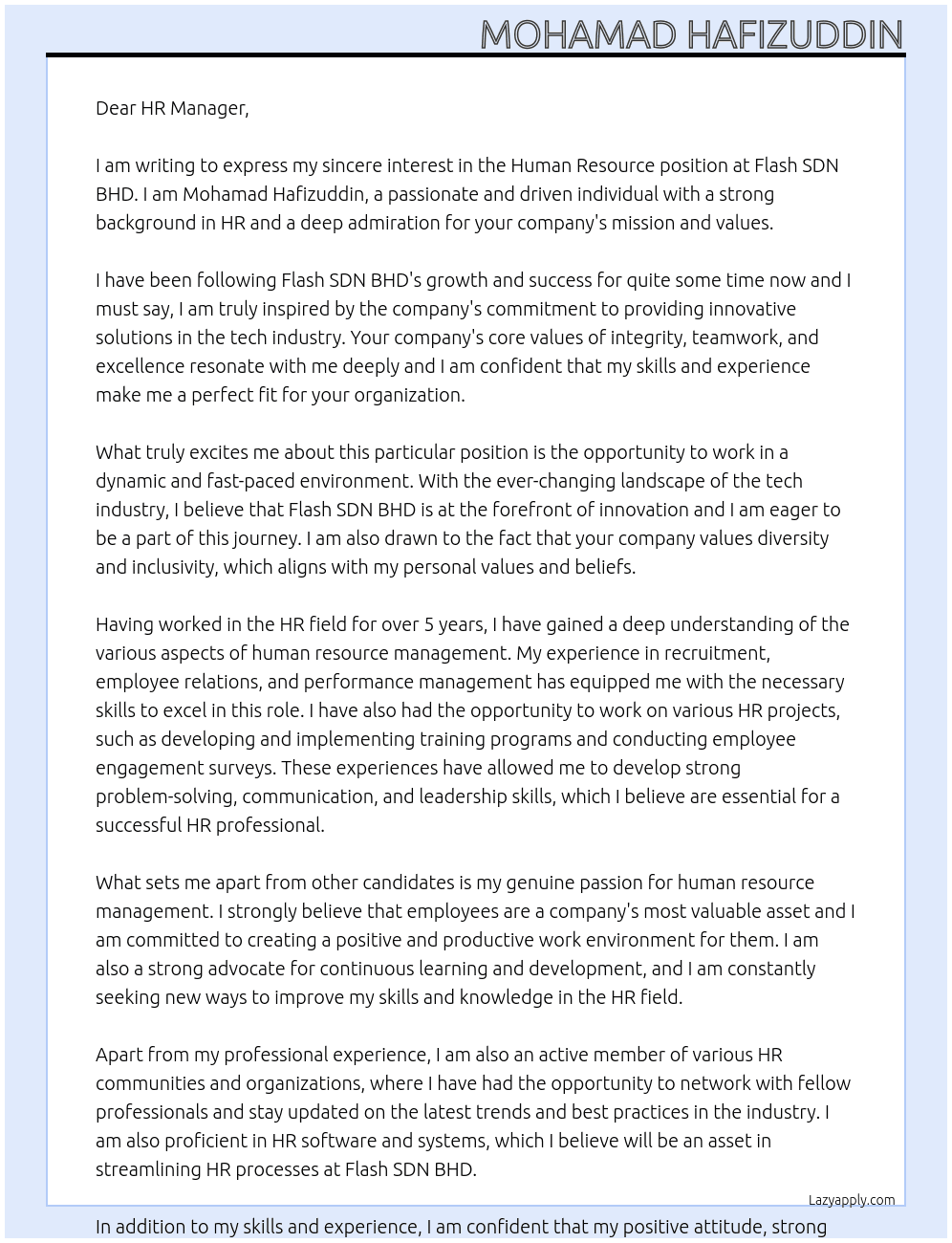 Human Resource At Flash SDN BHD Cover Letter