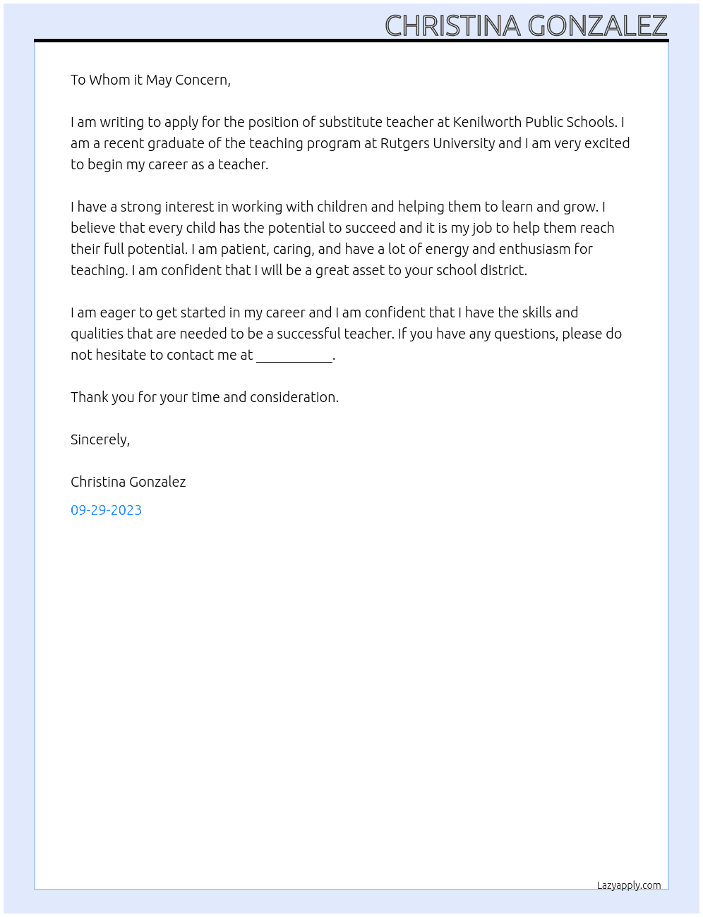 substitute teacher At Kenilworth Public Schools Cover Letter