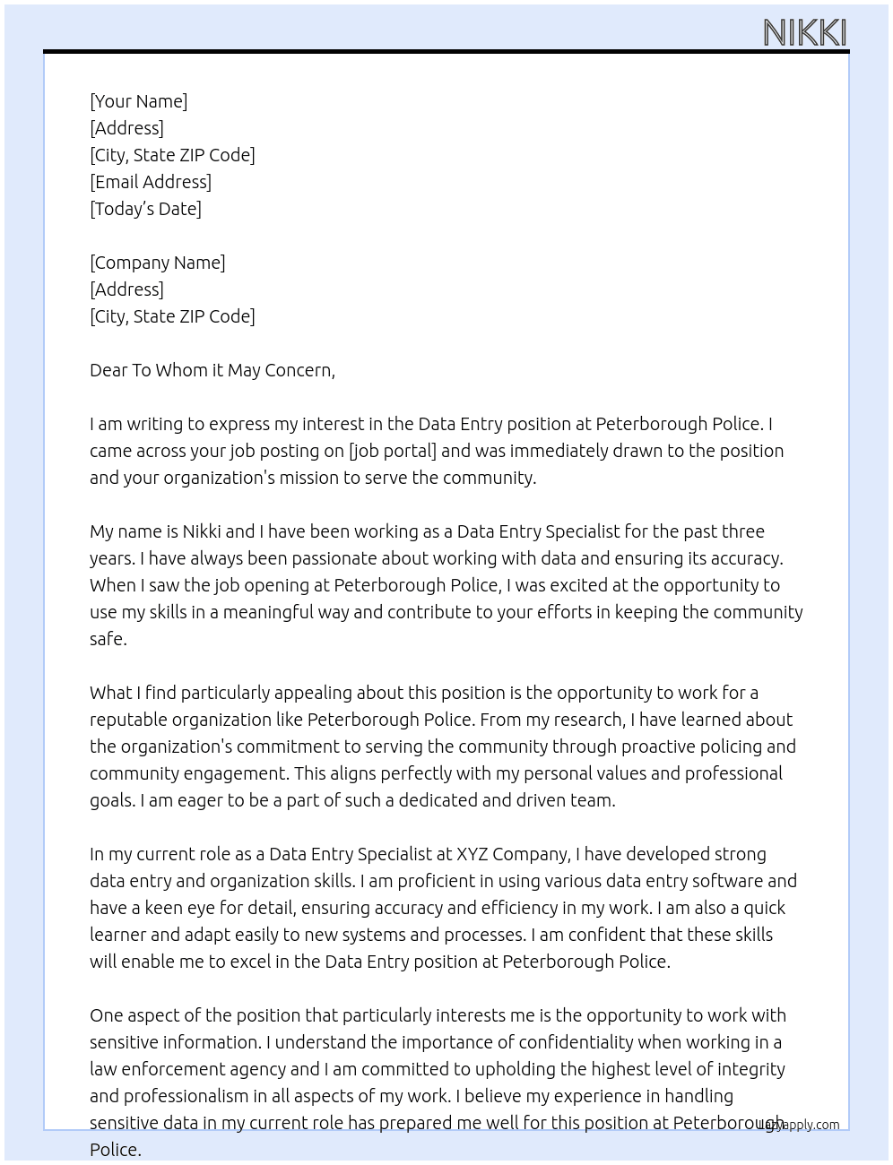 Data Entry At Peterborough Police  Cover Letter