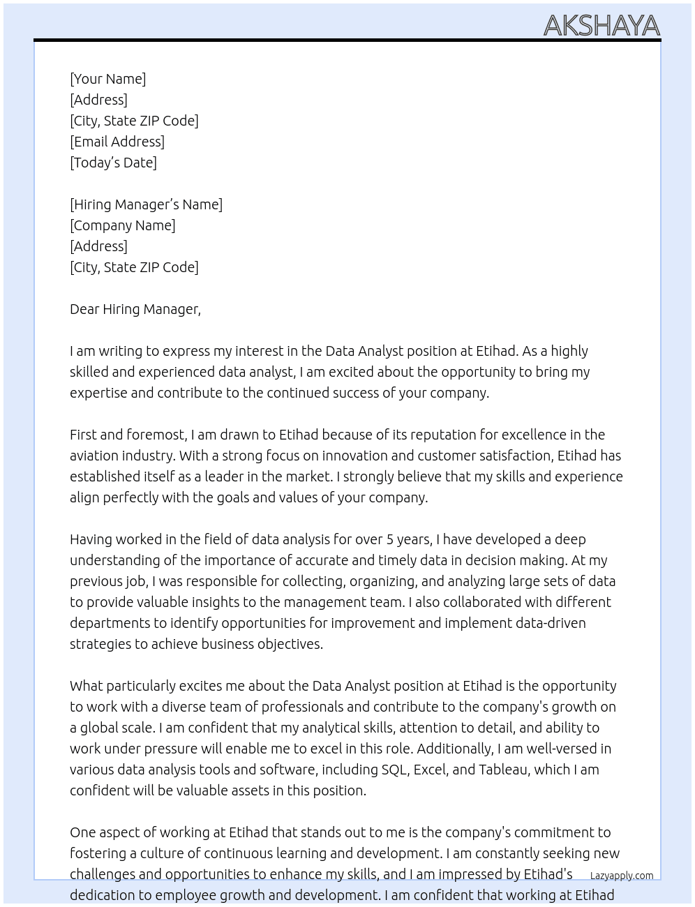 Data analyst At Etihad Cover Letter