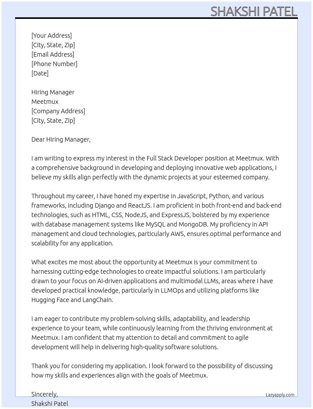 Full Stack Developer At meetmux Cover Letter