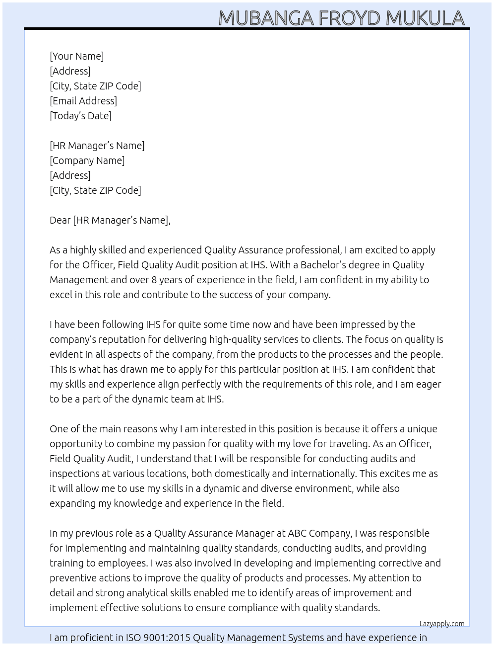 Officer, Field Quality Audit At IHS Cover Letter