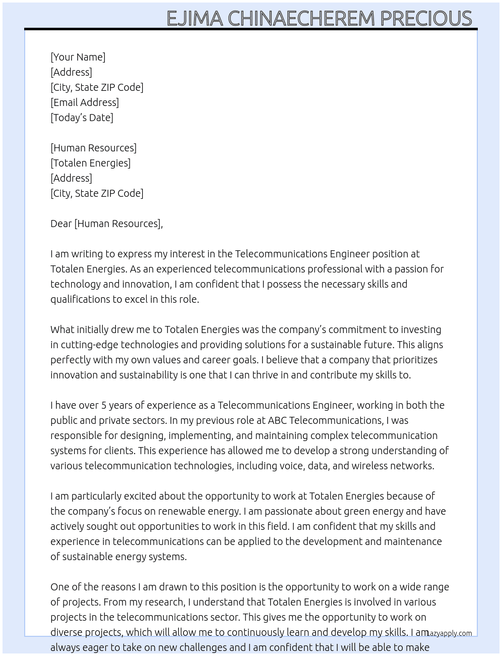 Telecommunications Engineer At Totalen Ergies  Cover Letter