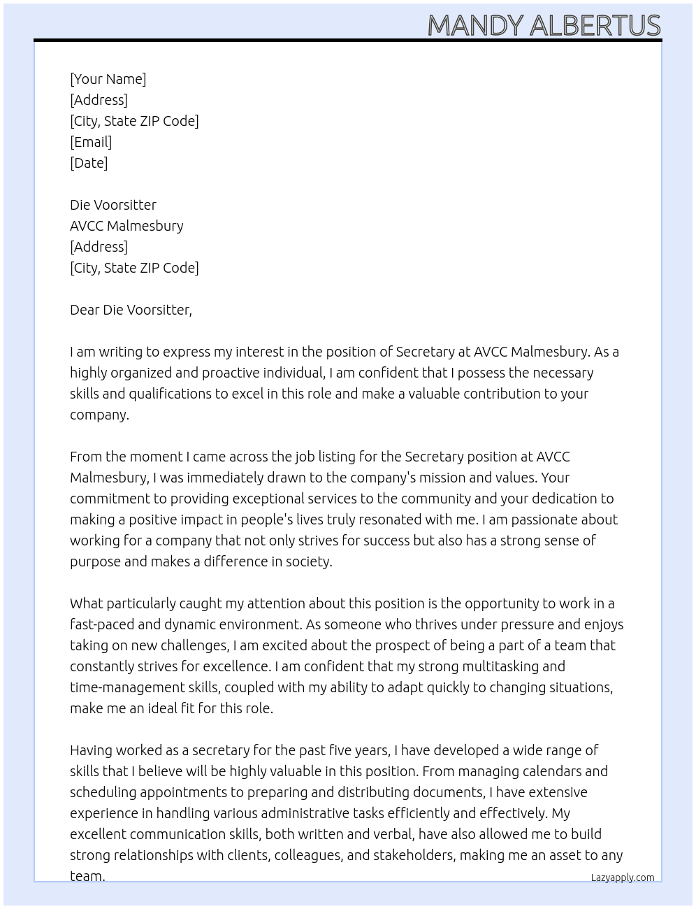 Secretary At AVCC Malmesbury Cover Letter