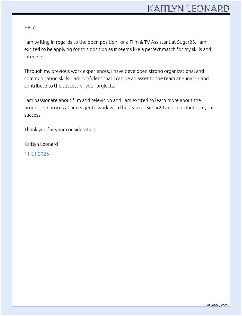 Film & TV Assistant At Sugar23 Cover Letter
