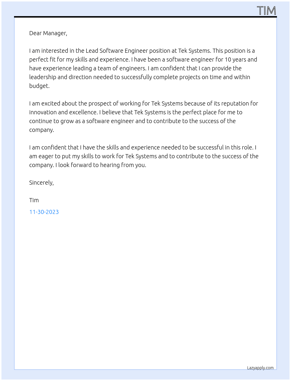 Lead Software Engineer  At Tek systems  Cover Letter