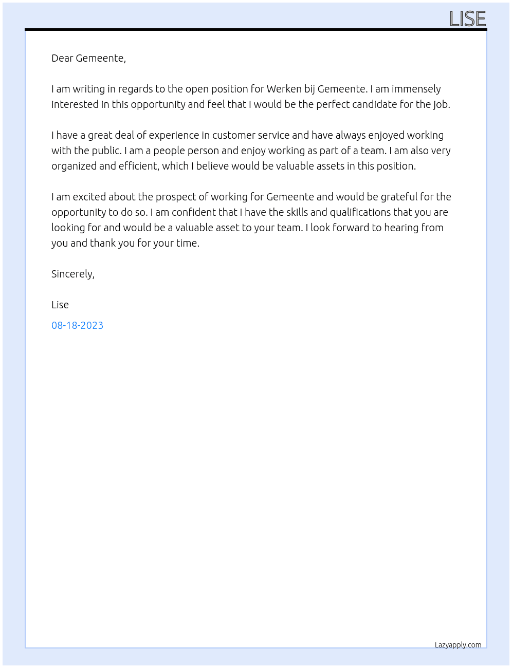 Werken bij Gemeente At Gemeente Cover Letter