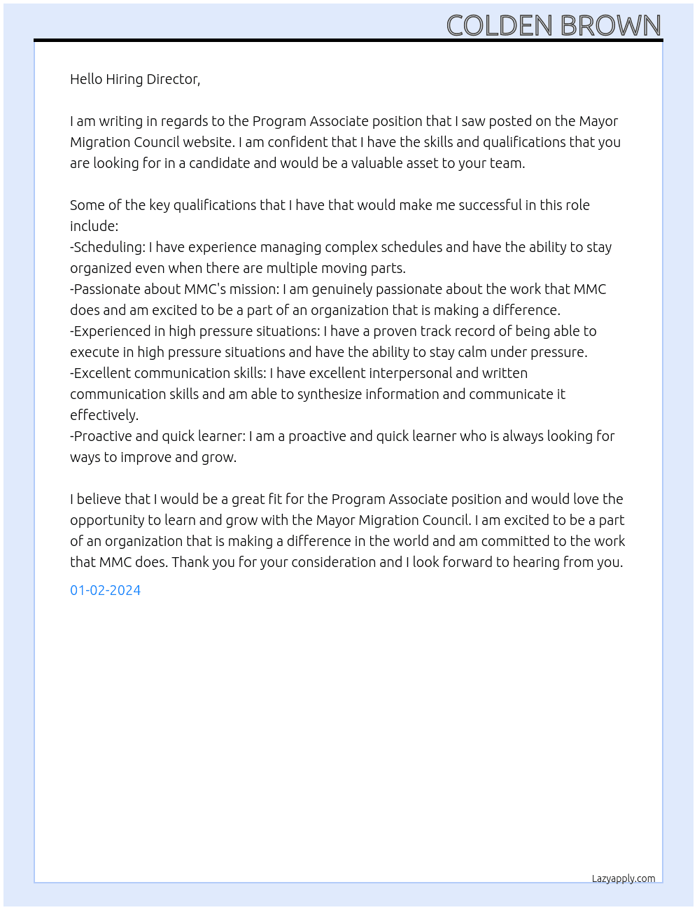 Program Associate At Mayor Migration Council Cover Letter