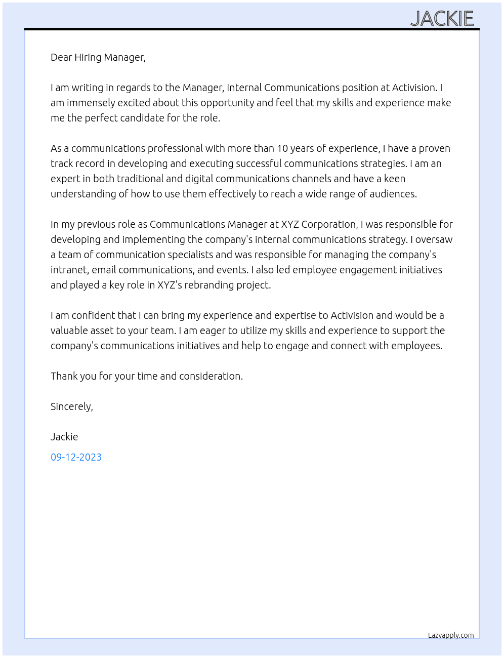 Manager, Internal Communications At Activision Cover Letter