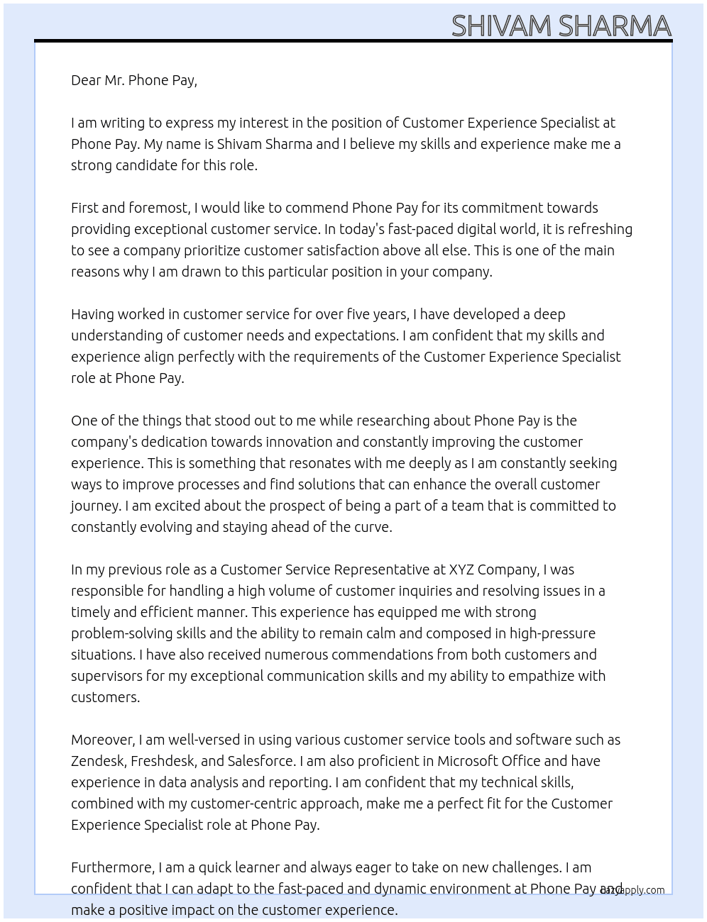 Customer Experience Specialist At Phone Pay Cover Letter