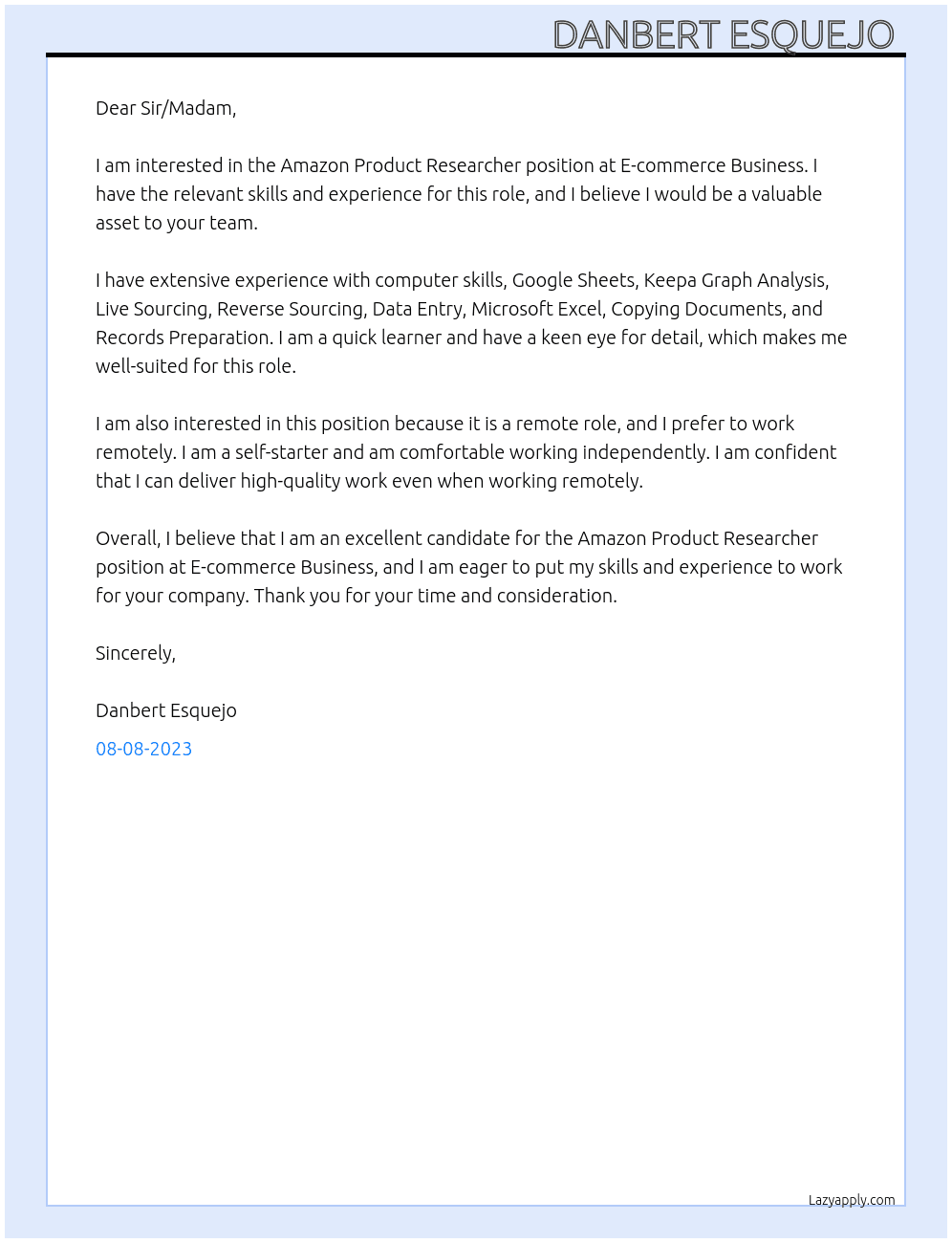 Amazon Product Researcher  At E-commerce Business  Cover Letter