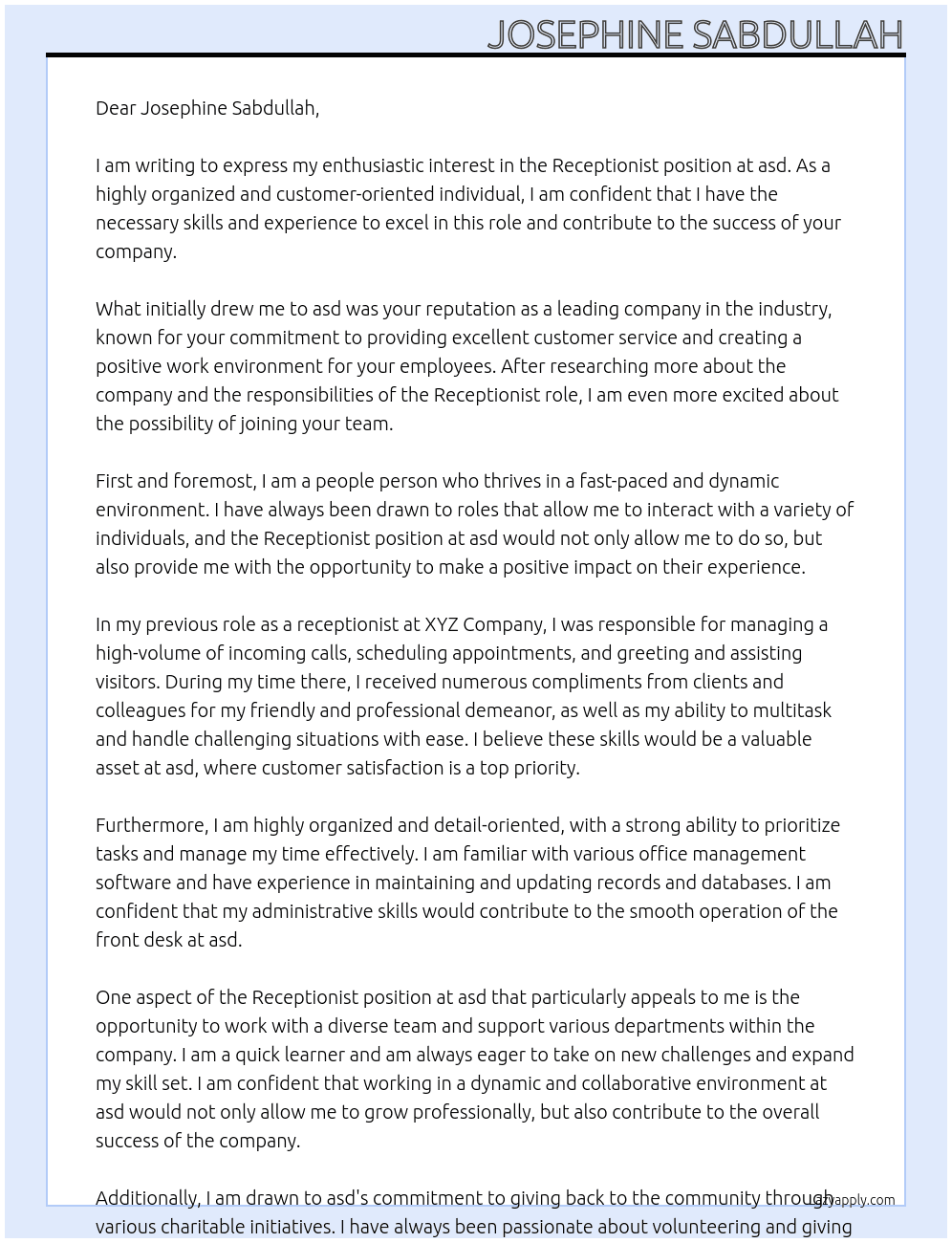 Receptionist At asd Cover Letter