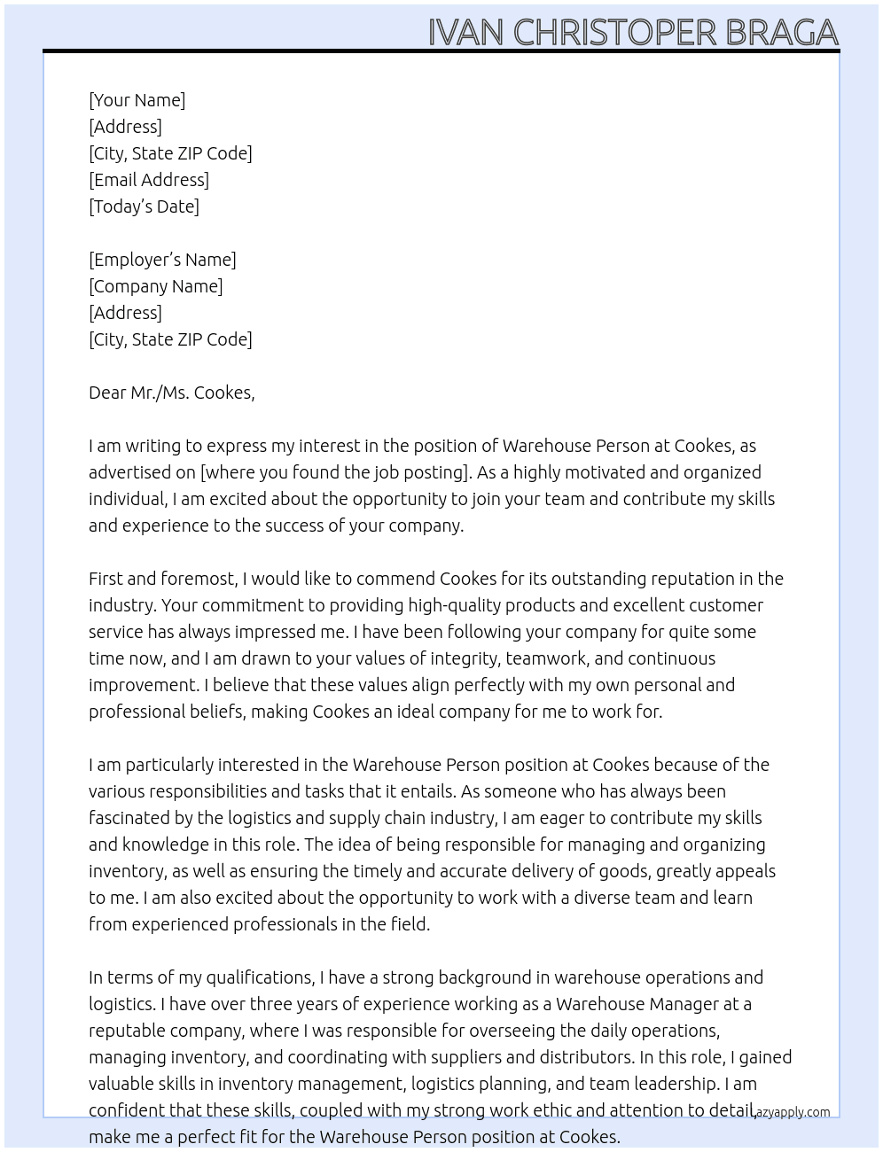 Warehouse Person At Cookes  Cover Letter