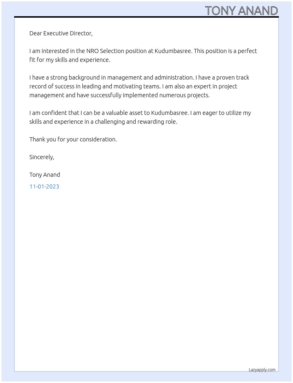 NRO Selection At Kudumbasree Cover Letter