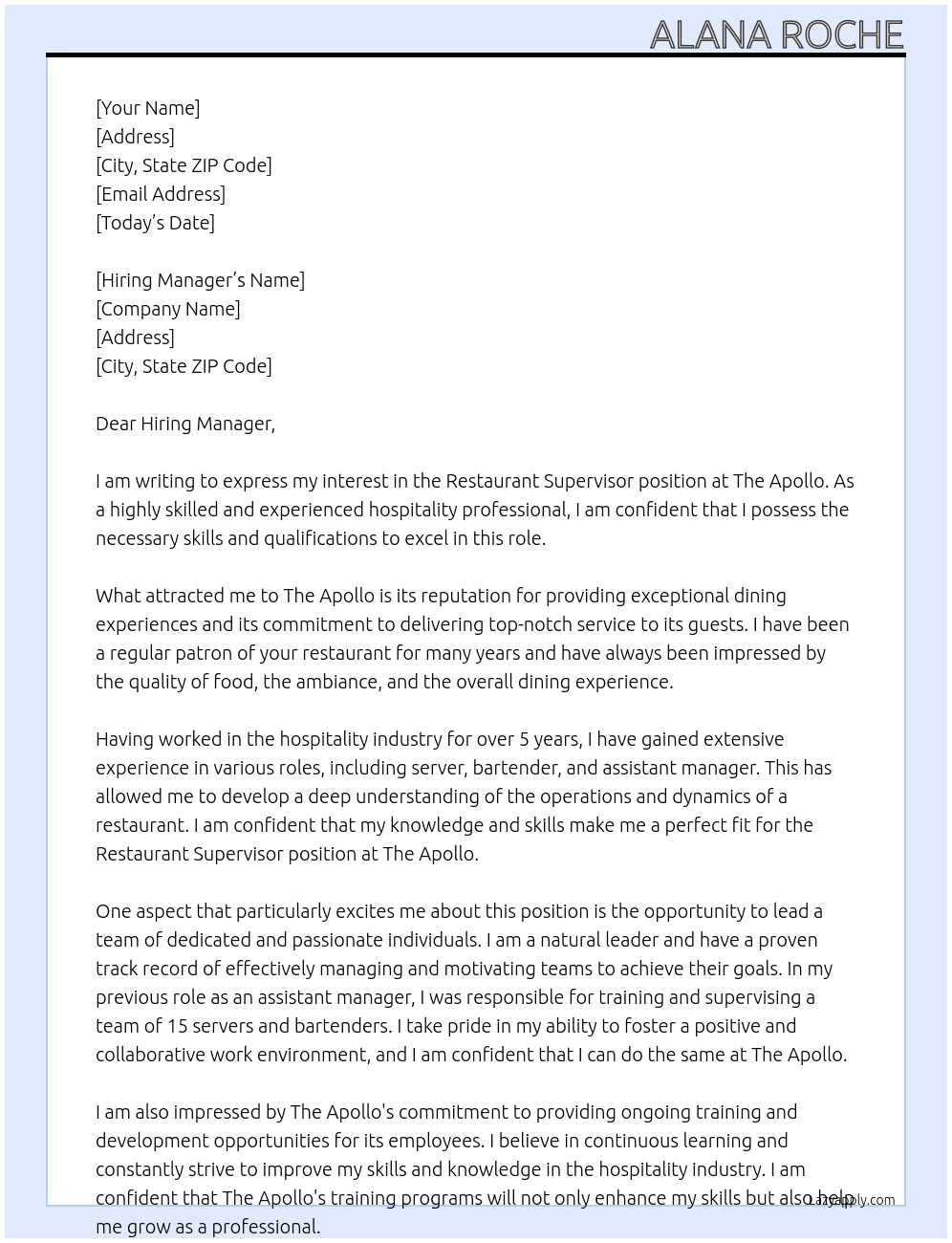 Restaurant Supervisor At The Apollo Cover Letter