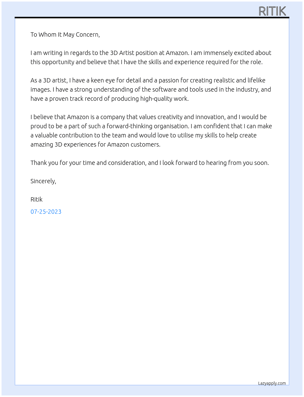 3D Artist At Amazon Cover Letter