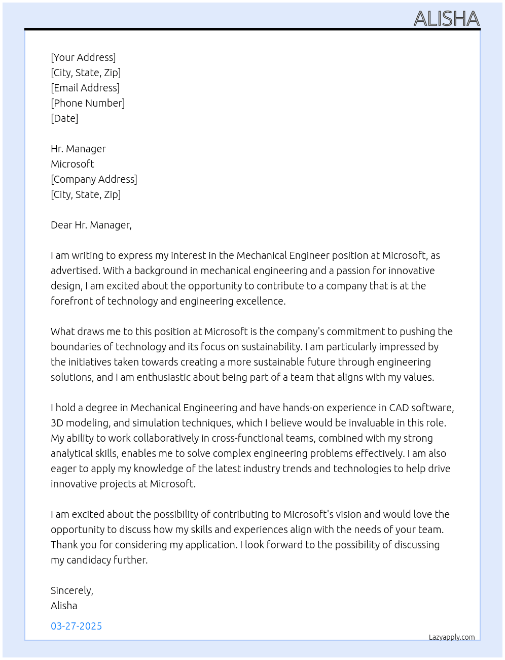 Mechanical Engineer At Microsoft Cover Letter