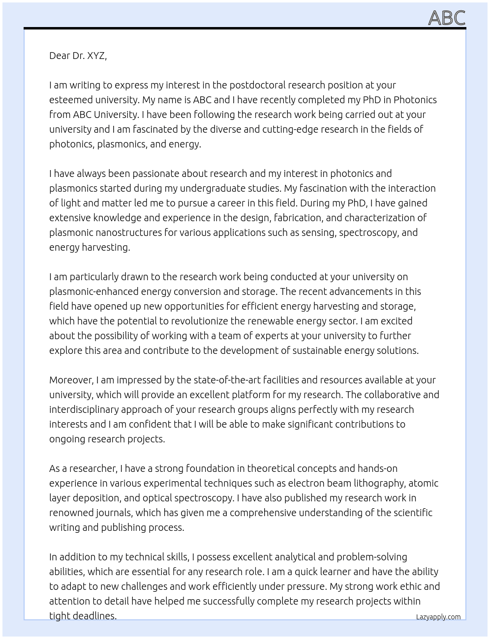 postdoc At university Cover Letter