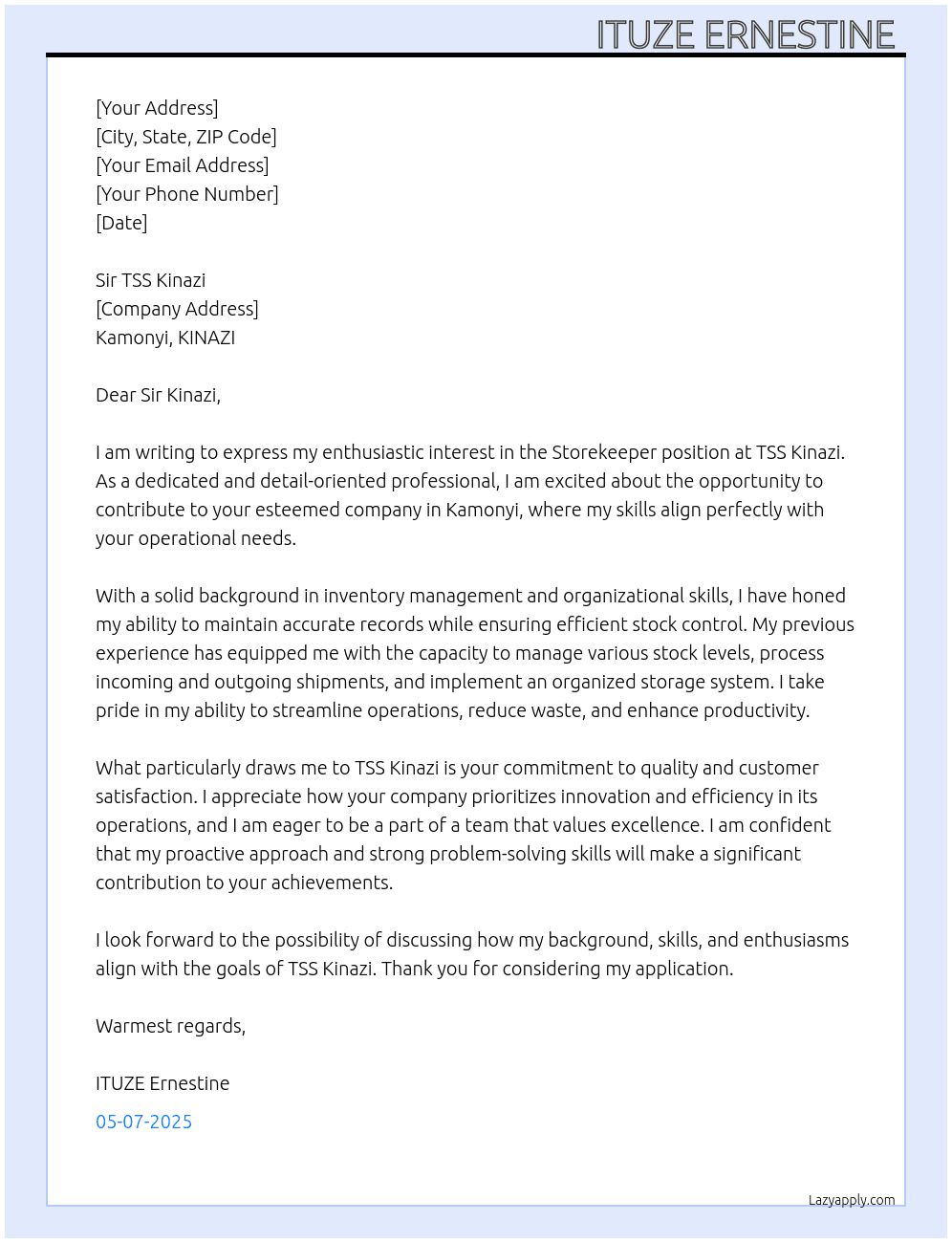 Storekeeper  At TSS KINAZI Cover Letter