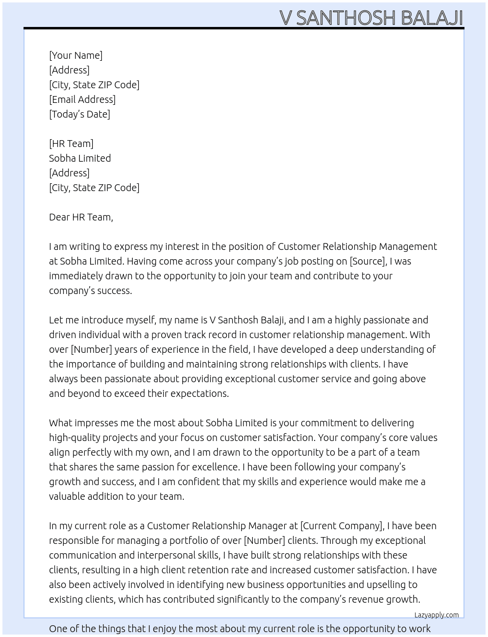 Customer Relationship Management  At Sobha Limited Cover Letter