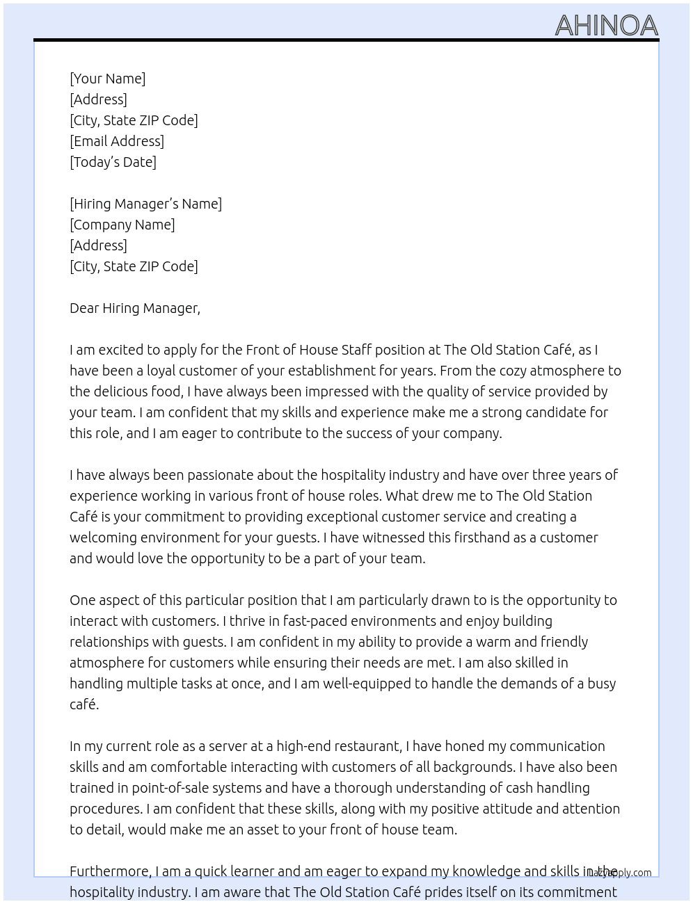Front of House Staff At The Old Station Café Cover Letter