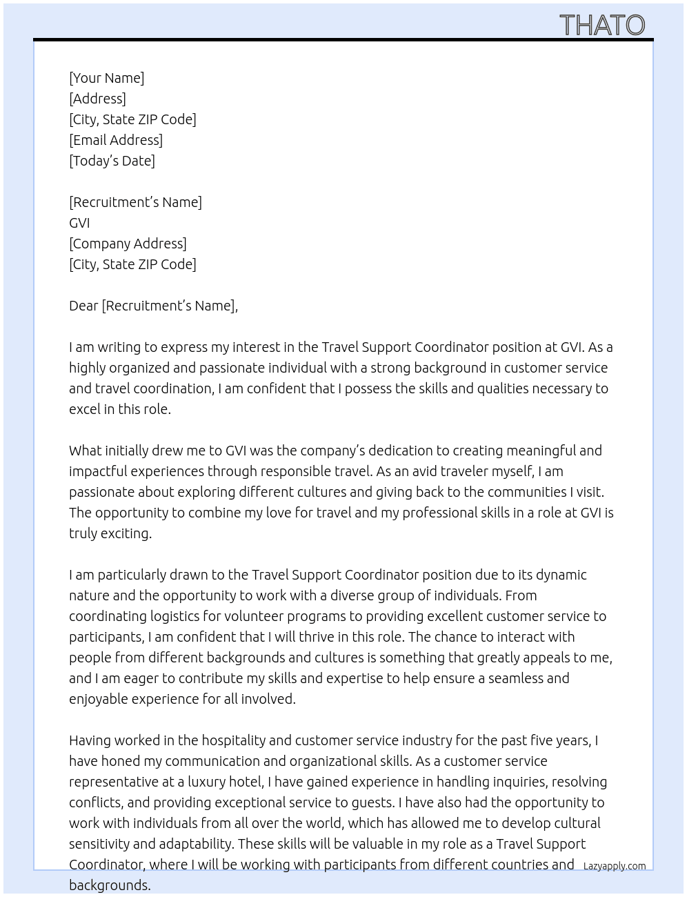 Travel Support Coordinator  At GVI Cover Letter