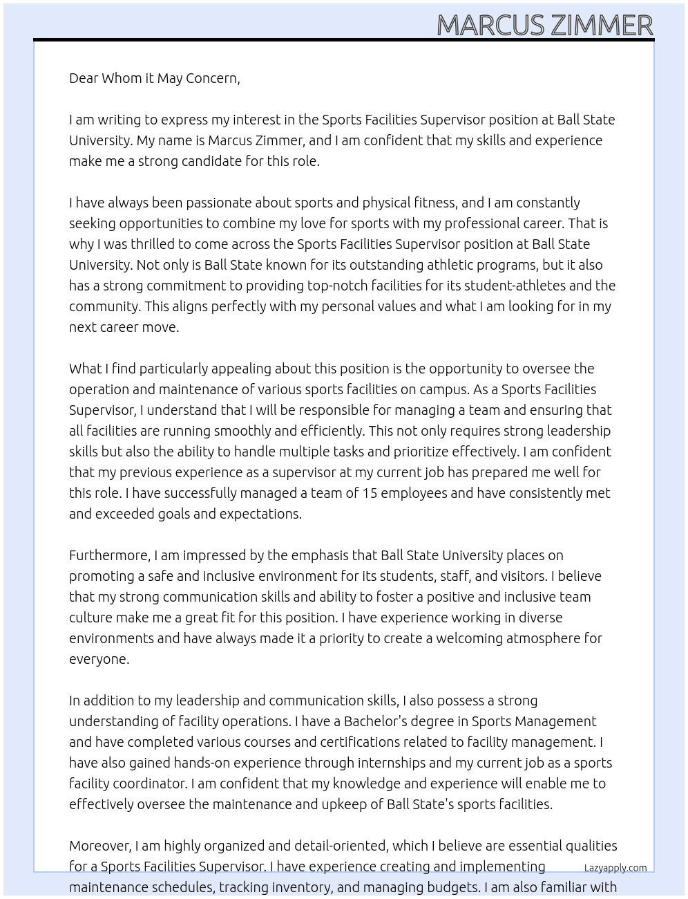 Sports Facilities Supervisor At Ball State Unviersity  Cover Letter