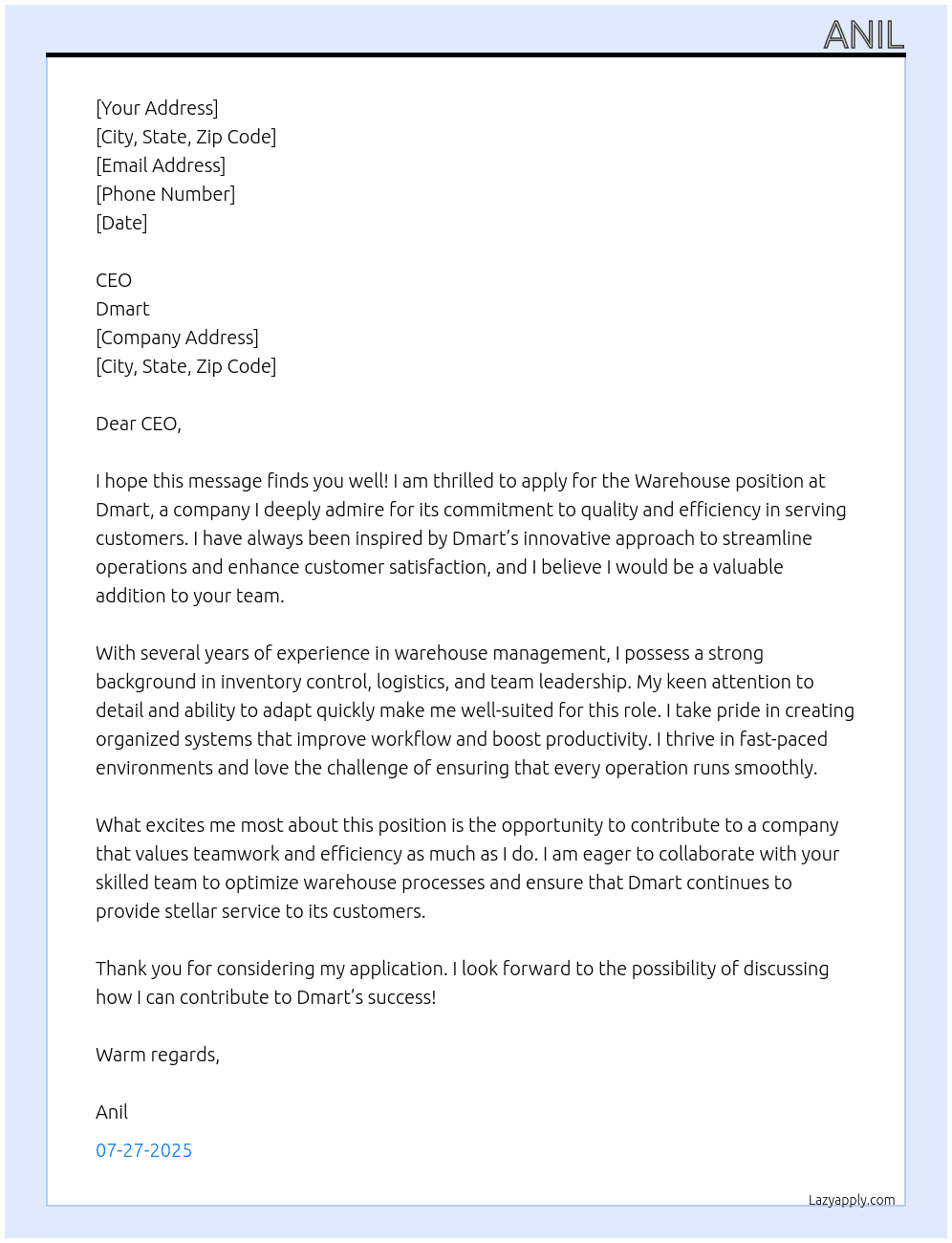 warehouse At dmart Cover Letter