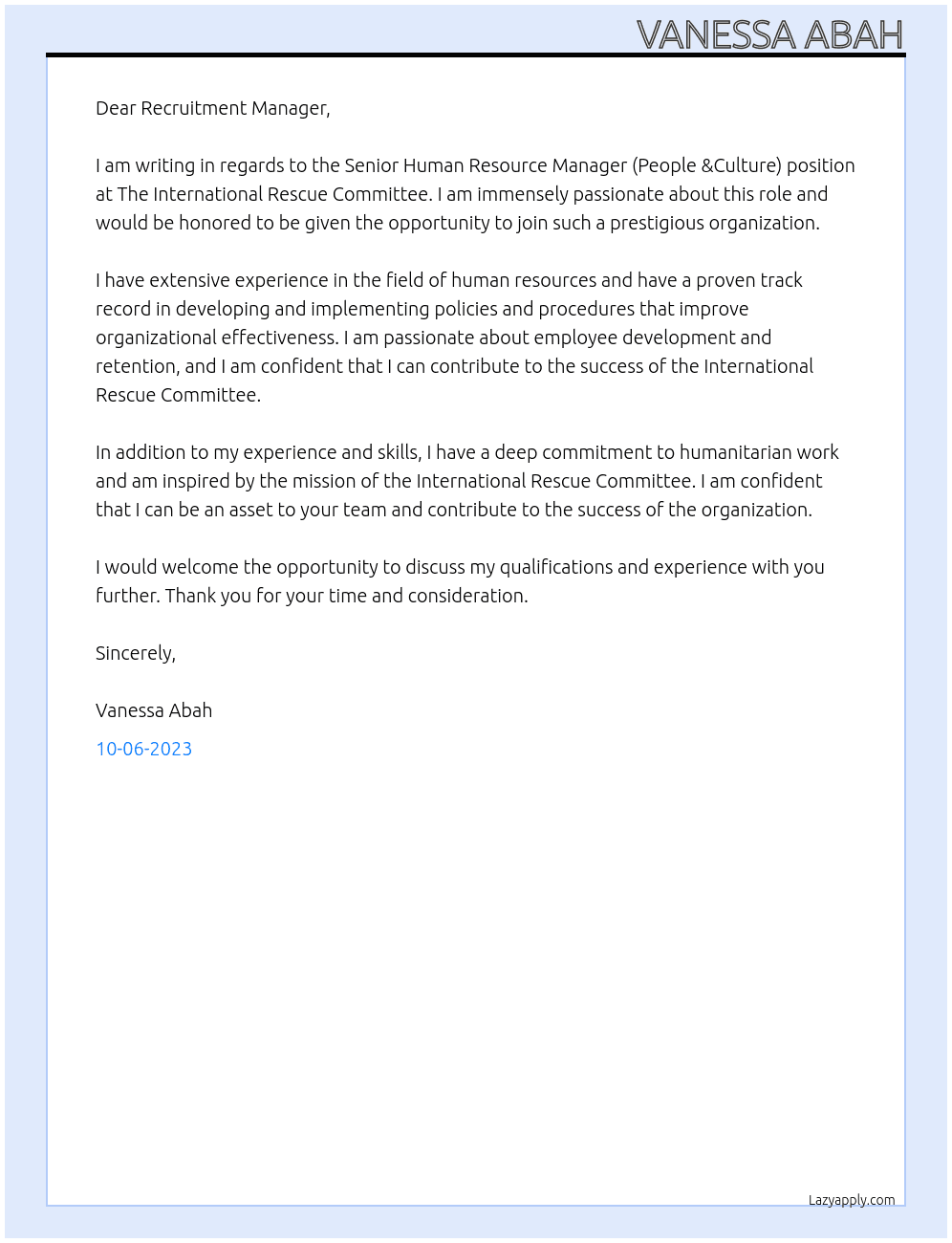 Senior Human Resource Manager (People &Culture) At The International Rescue Committee Cover Letter