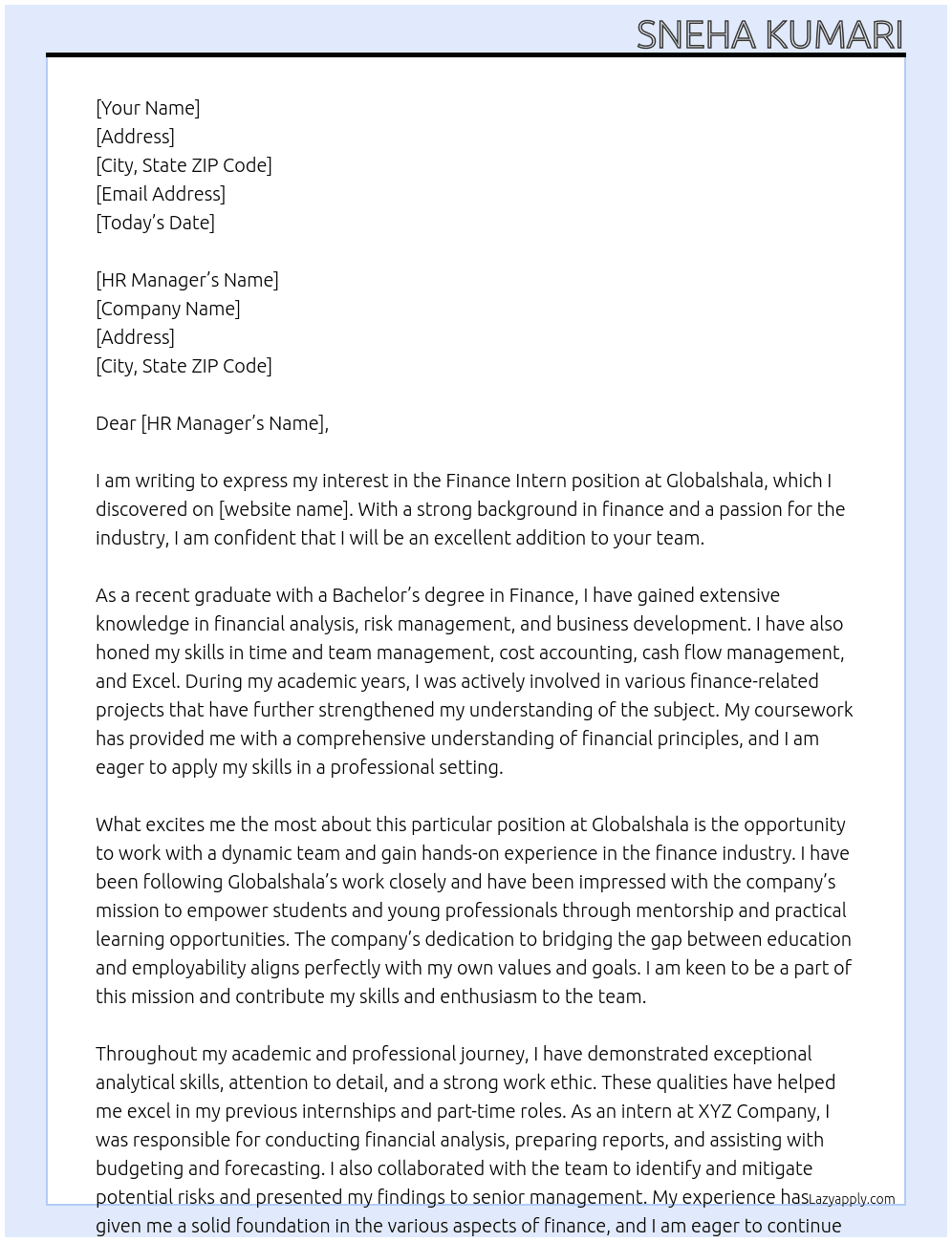 finance intern At Globalshala Cover Letter