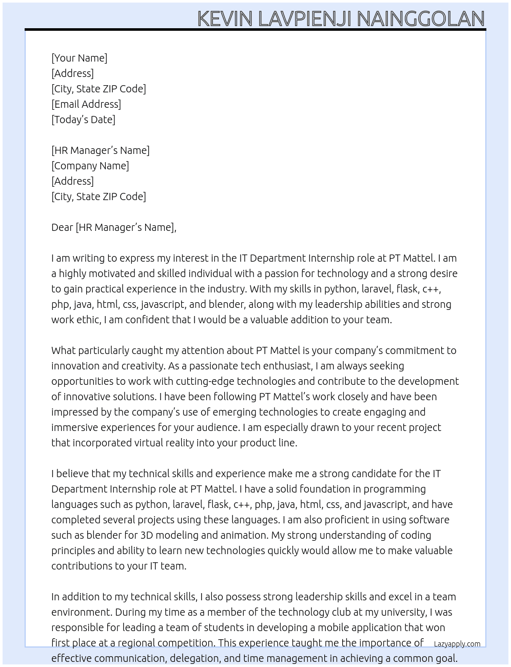 IT Department At PT Mattel Cover Letter