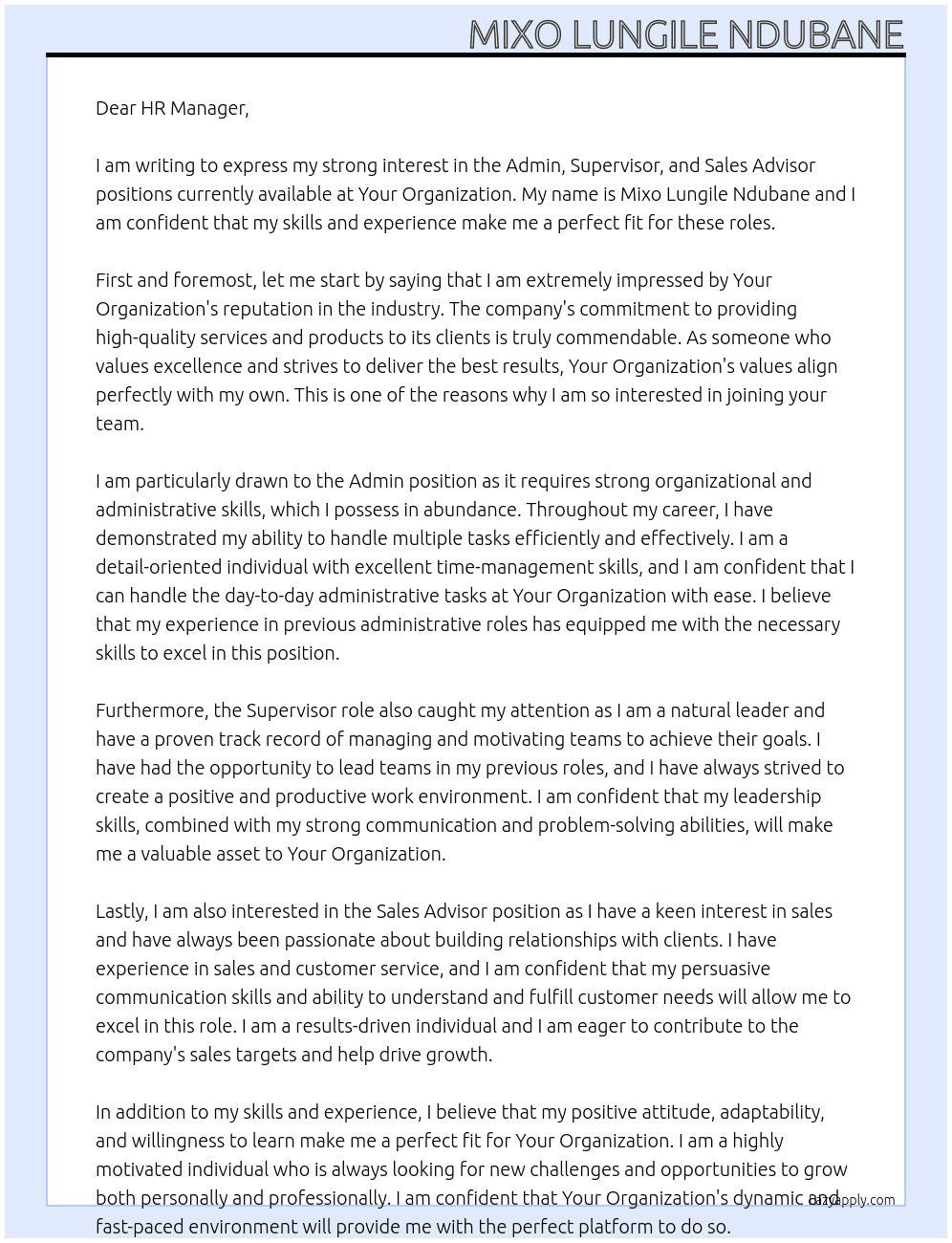Cover letter for admin, supervisor, sales advisor - LazyApply
