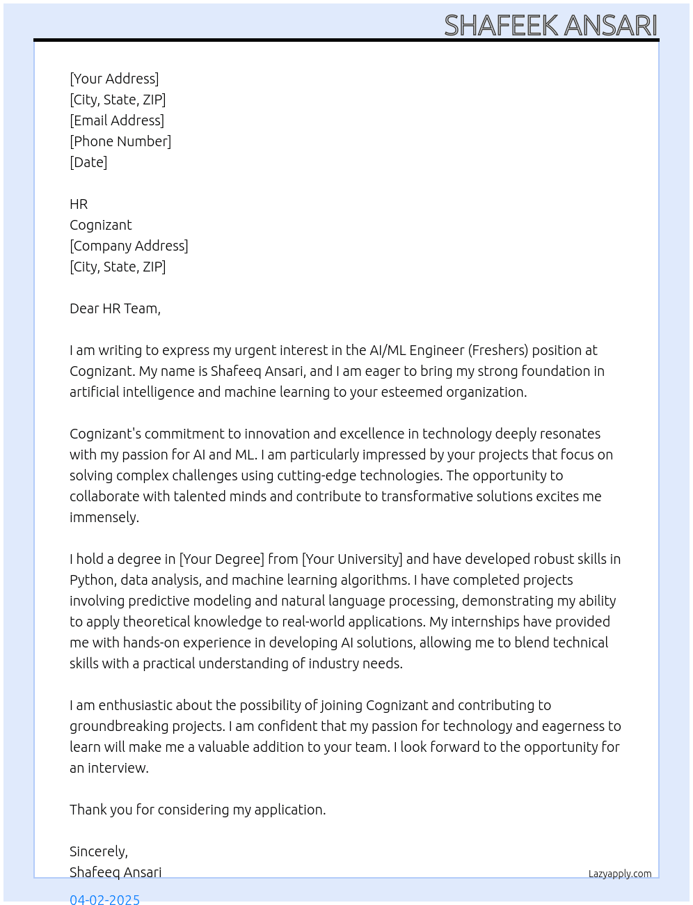 Cover letter for ai/ml engineer[freshers] - LazyApply