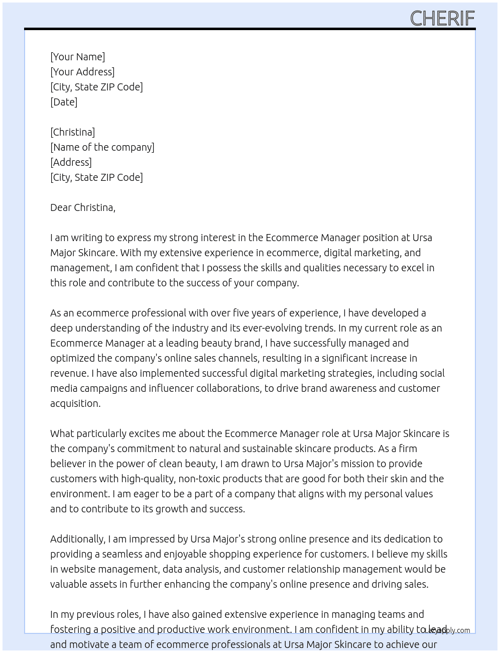 Ecommerce manager At Ursa Major skincare Cover Letter