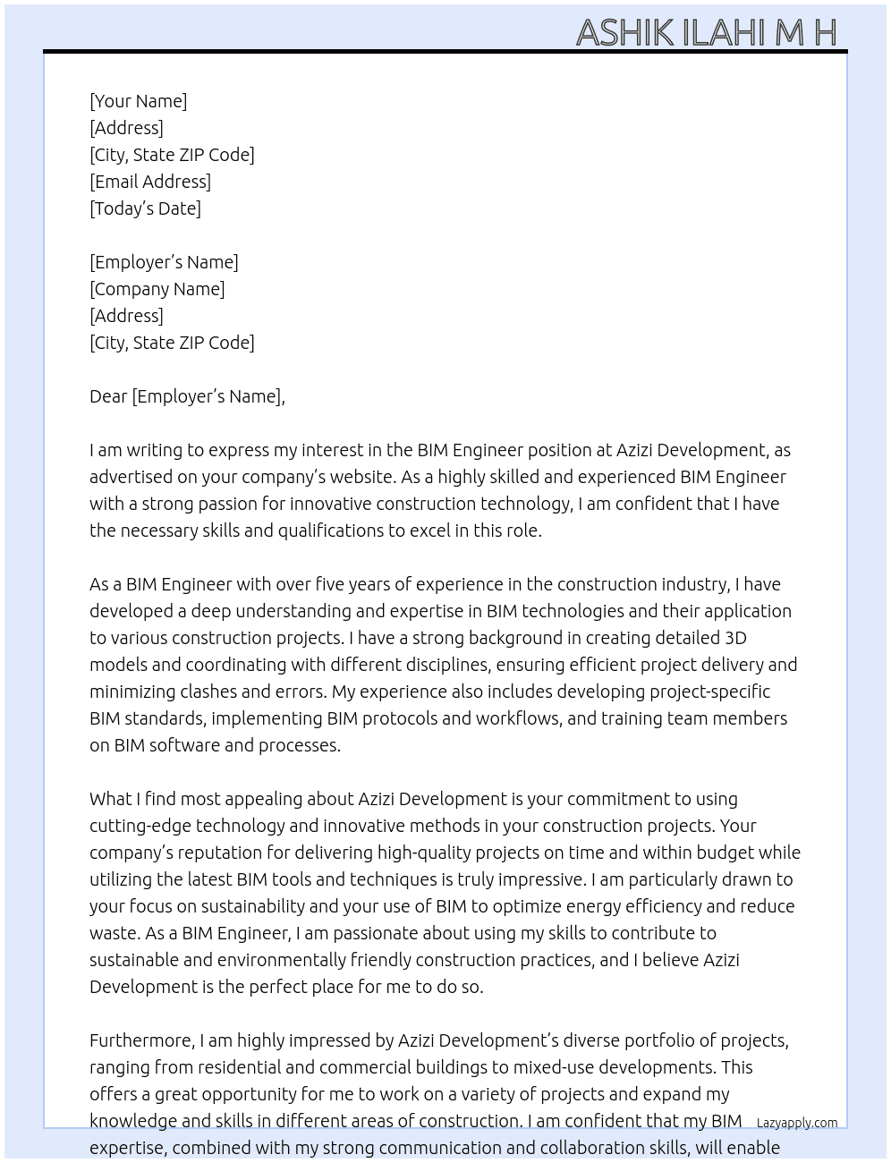 BIM Engineer  At Azizi Development  Cover Letter