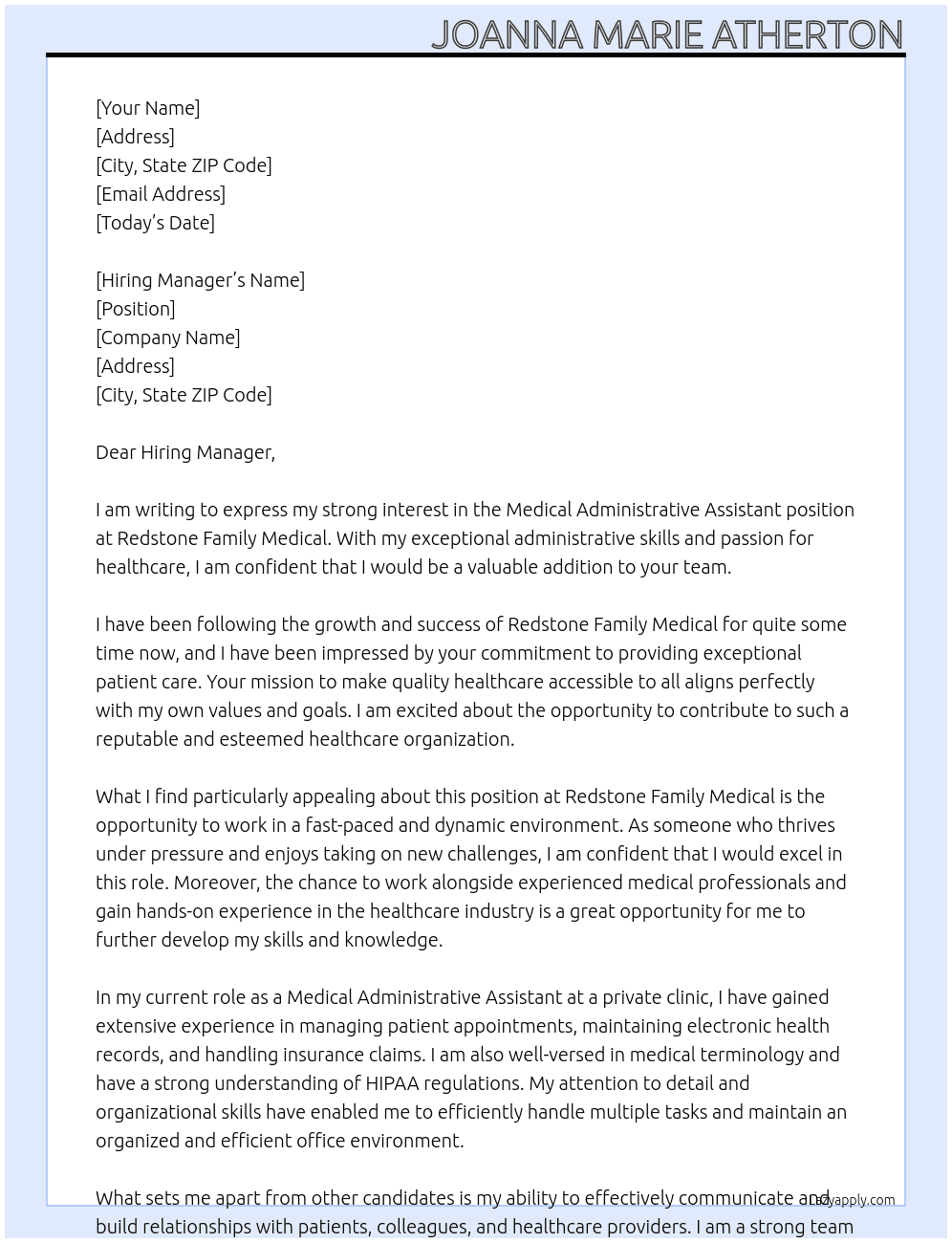 Medical administrative assistant At Redstone Family Medical Cover Letter