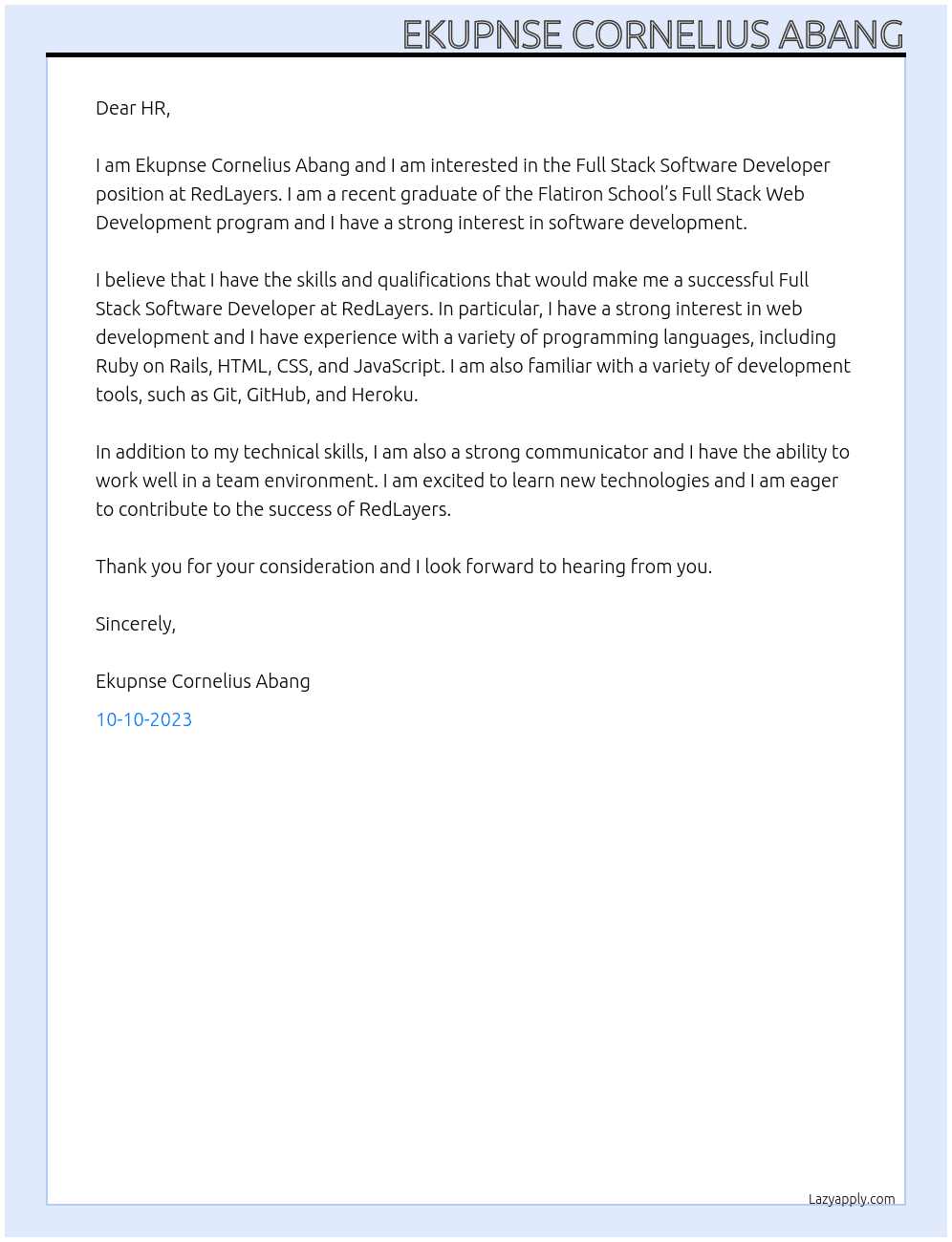 Full Stack Software developer At RedLayers Cover Letter