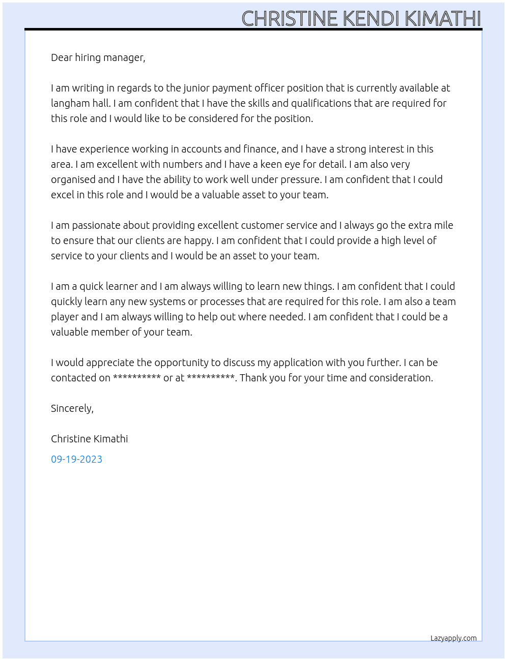 junior payment officer At langham hall Cover Letter