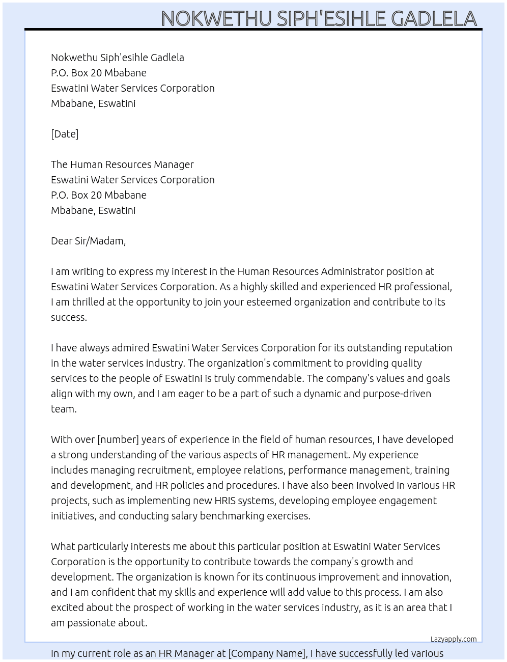 Human Resources Administrator  At Eswatini Water Services Corporation  Cover Letter