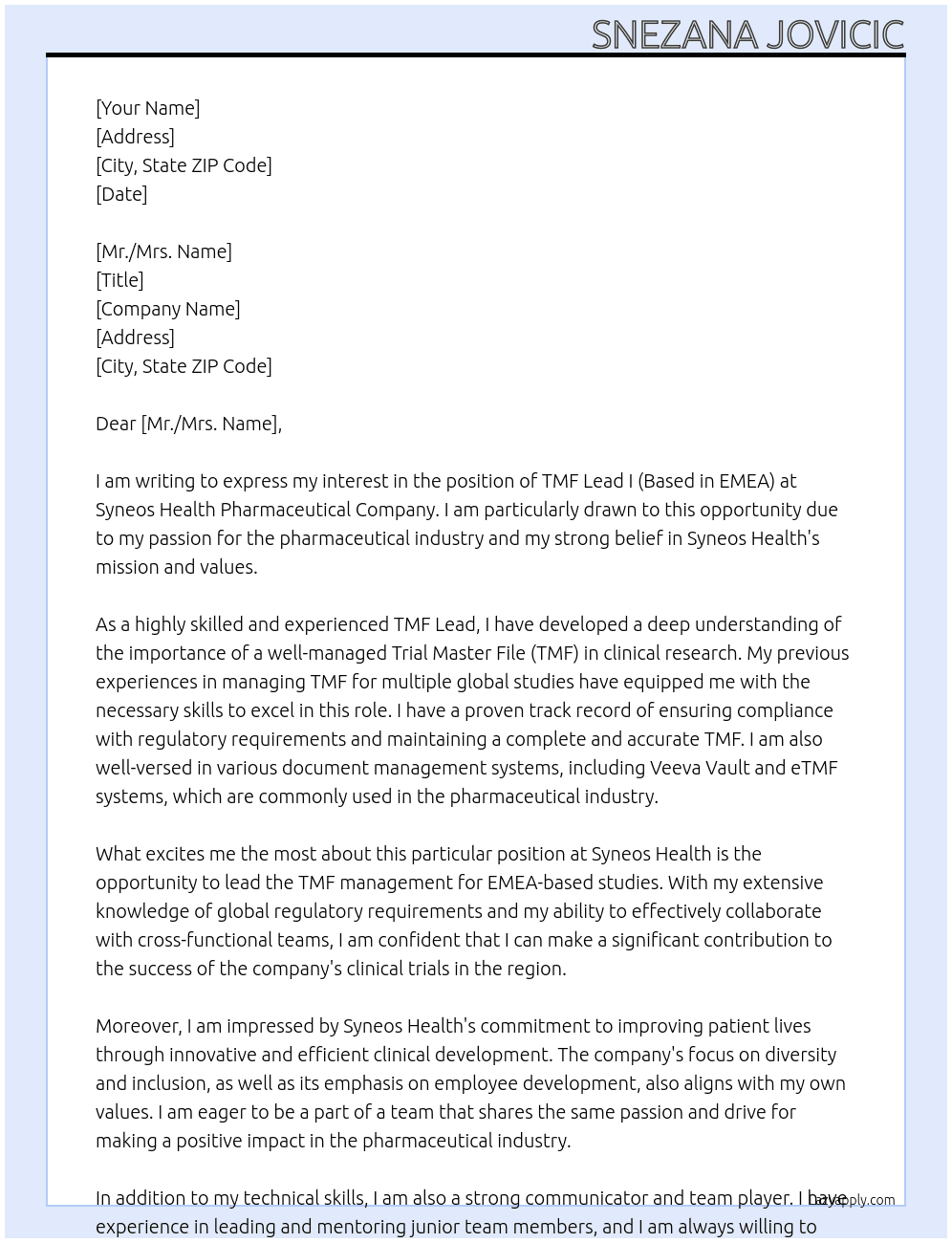 TMF LEAD I (BASED IN EMEA) At Syneos Health Pharmaceutical company Cover Letter