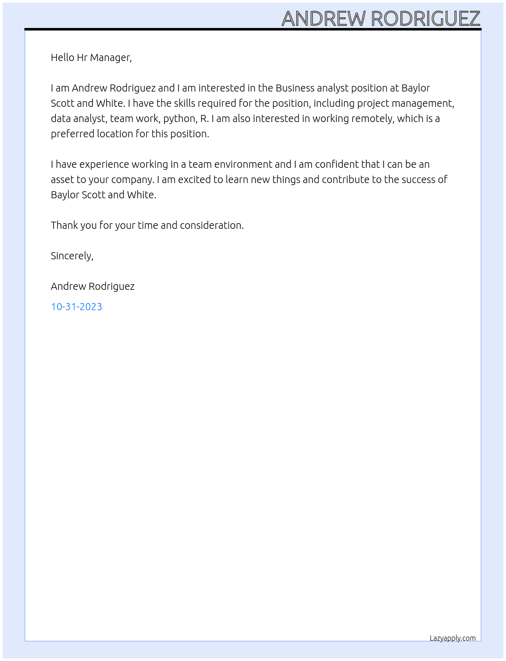 Business analyst At Baylor Scott and White Cover Letter