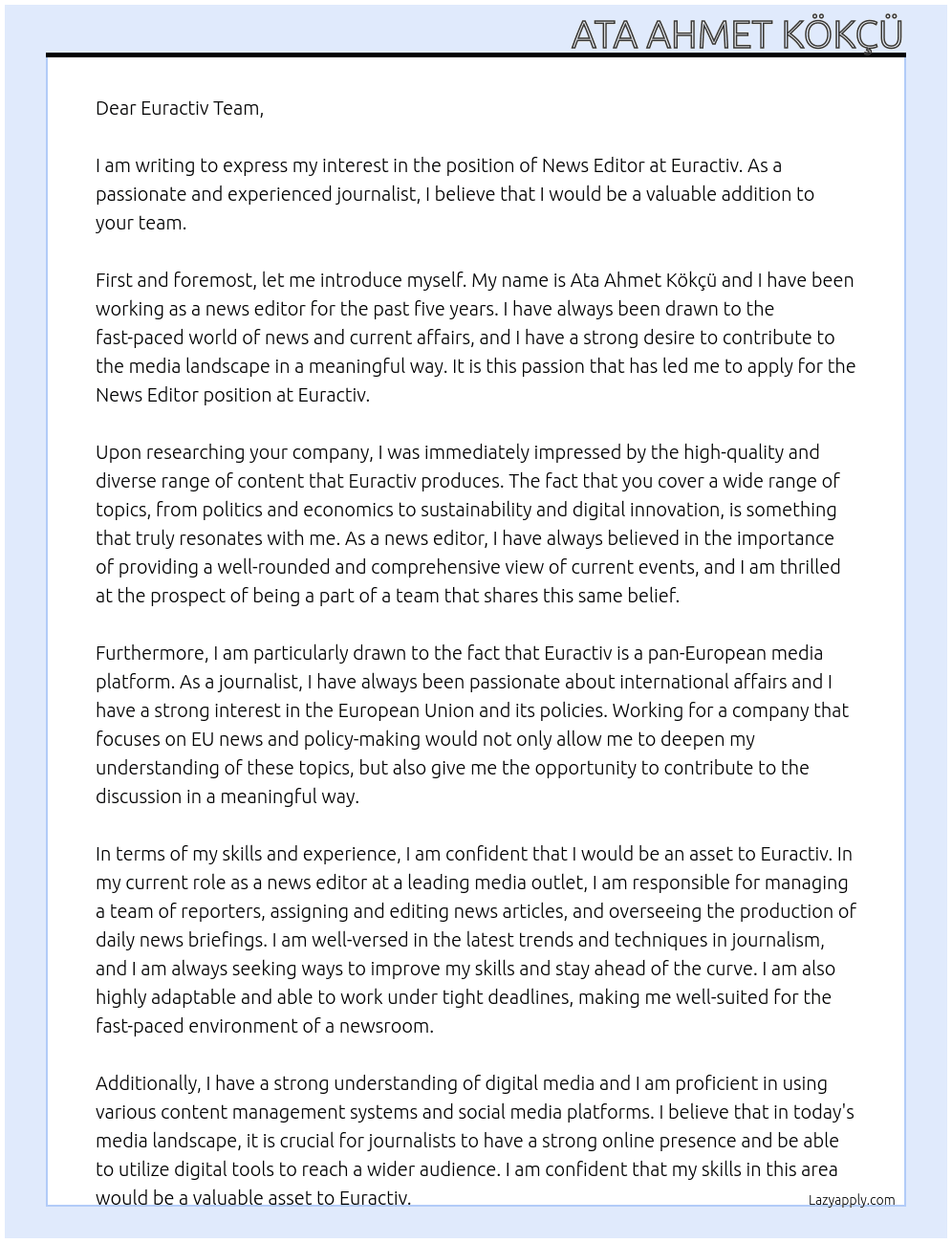 News Editor At Euractiv Cover Letter