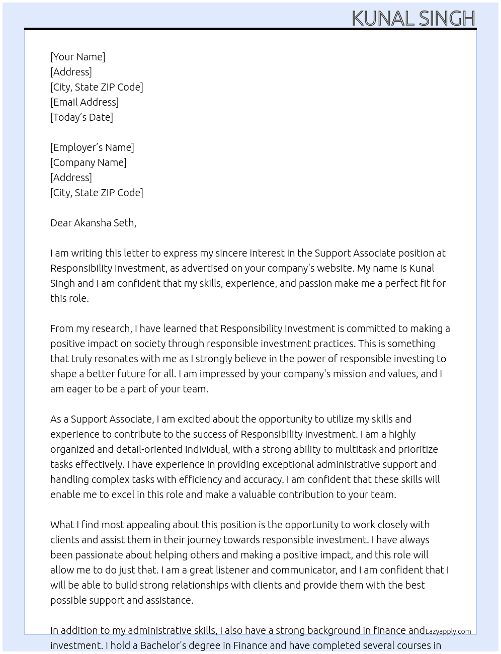 Support associate  At Responsibility investment Cover Letter