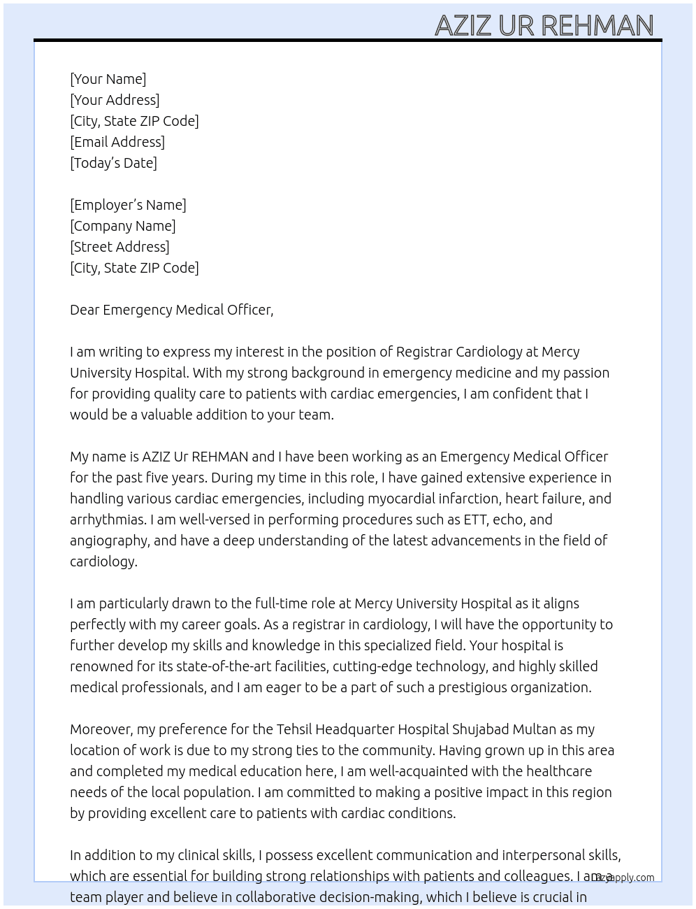 Registrar Cardiology  At Mercy University Hospital  Cover Letter
