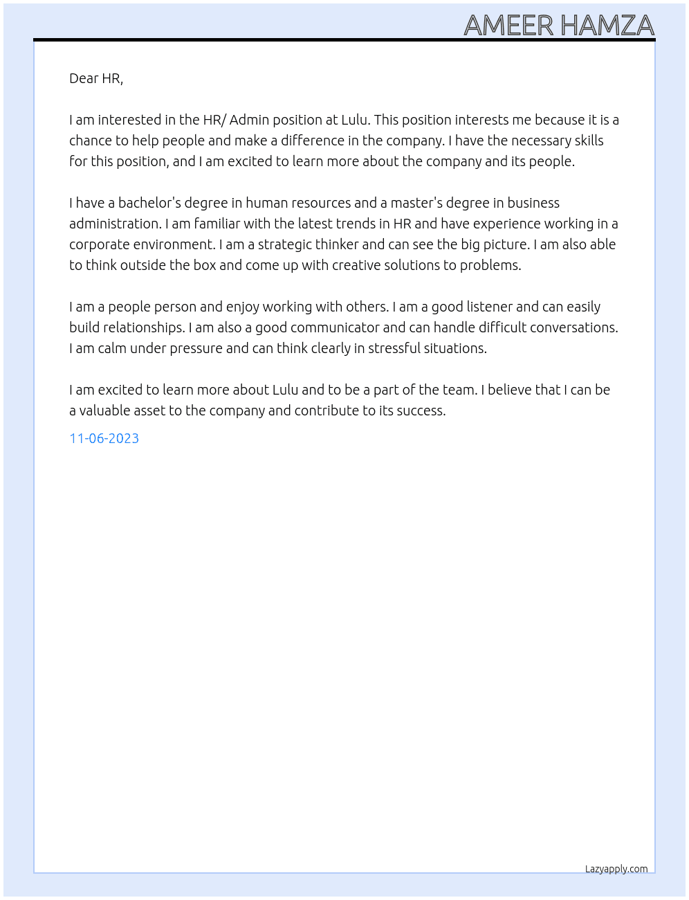 HR/ Admin At Lulu Cover Letter