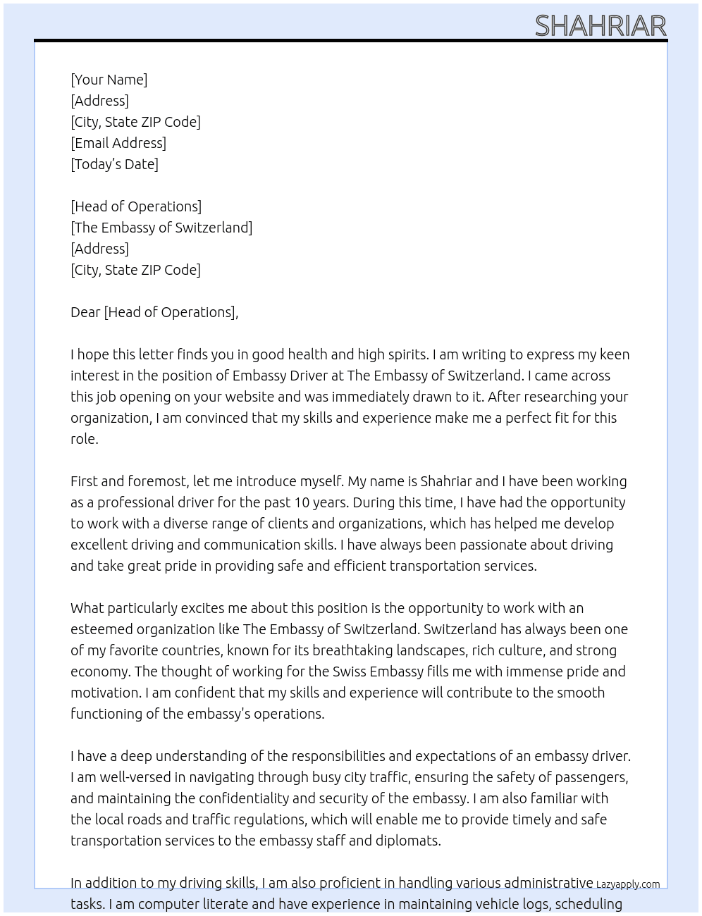 Cover letter for embassy driver - LazyApply
