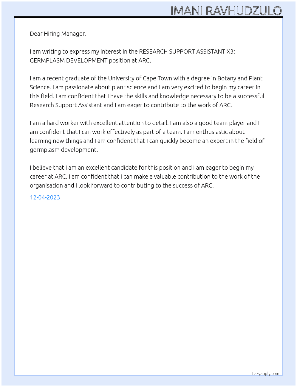 RESEARCH SUPPORT ASSISTANT X3: GERMPLASM DEVELOPMENT  At ARC Cover Letter